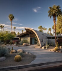 Modernist home nestled in a desert landscape at dawn
