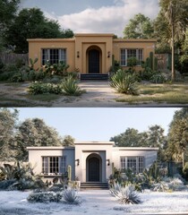 Two views of a mid-century modern house, one sunny, one snowy.  Front yard full of desert plants