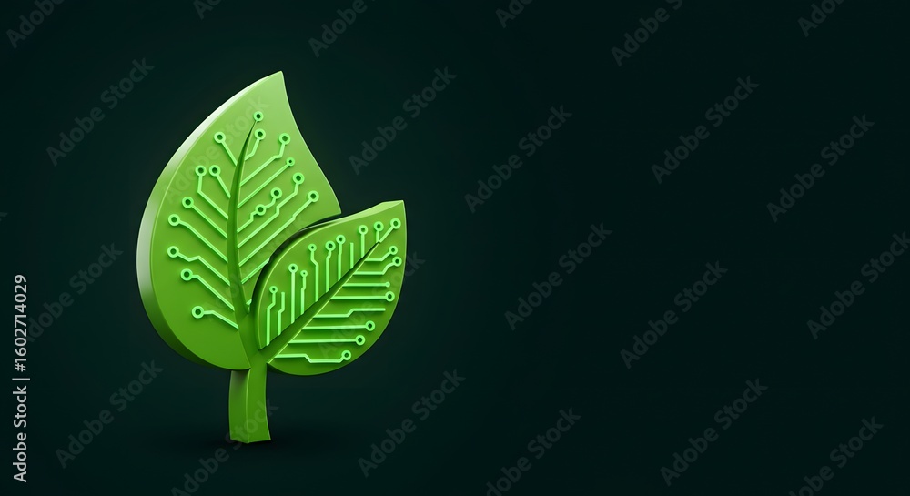 Poster 3d rendering of a green leaf with integrated circuit patterns, symbolizing technology, nature, envir