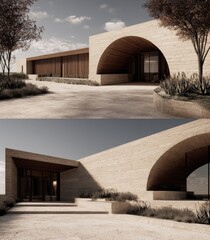 Two-story architectural rendering of a modern, light-beige, low-slung home featuring arched entryways and wooden accents.  Natural landscaping surrounds the structure