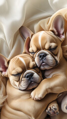 two adorable baby French bulldogs, cuddling up together
