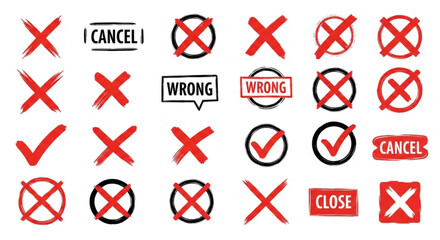 Red cross mark in various style. Hand brush X marks, cancel, wrong, and close icon element vector illustration. Marker grunge sketch style cross symbols and reject checkboxes collection. EPS 10