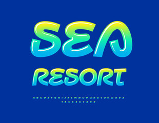 Vector Travel emblem Sea Resort. Bright Stylish Font. Modern handwritten Alphabet Letters and Numbers