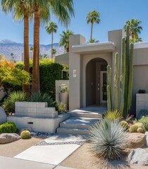 Modern home entrance with lush landscaping.  Desert-style architecture