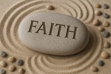 Smooth stone with FAITH engraved sitting peacefully in zen garden setting