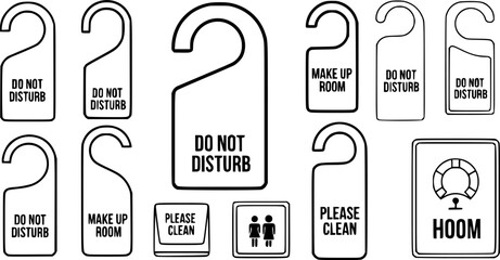 Hotel door hanger tags outline template icon signs set flat style design vector illustration. Empty door flyer or do not disturb mockup isolated on white background. do not disturb. EPS 10