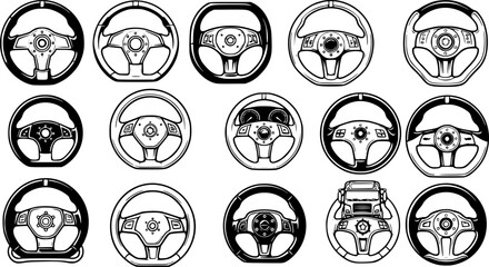 Steering wheel icon set. Auto car steering wheel icon set. Automobile steer wheel vector symbol for trucks and cars. Vector Illustration.
