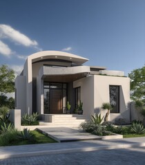 Modern home exterior, light beige facade, curved roof,  steps to entrance