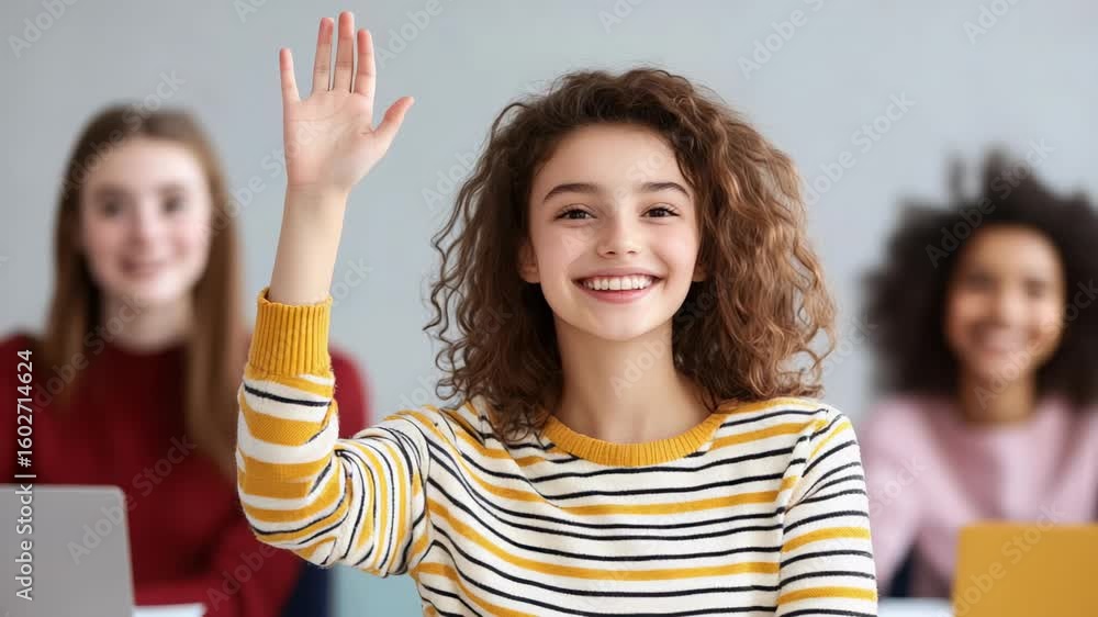 Poster happy student raising hand to answer question, participating actively in lesson with diverse classma