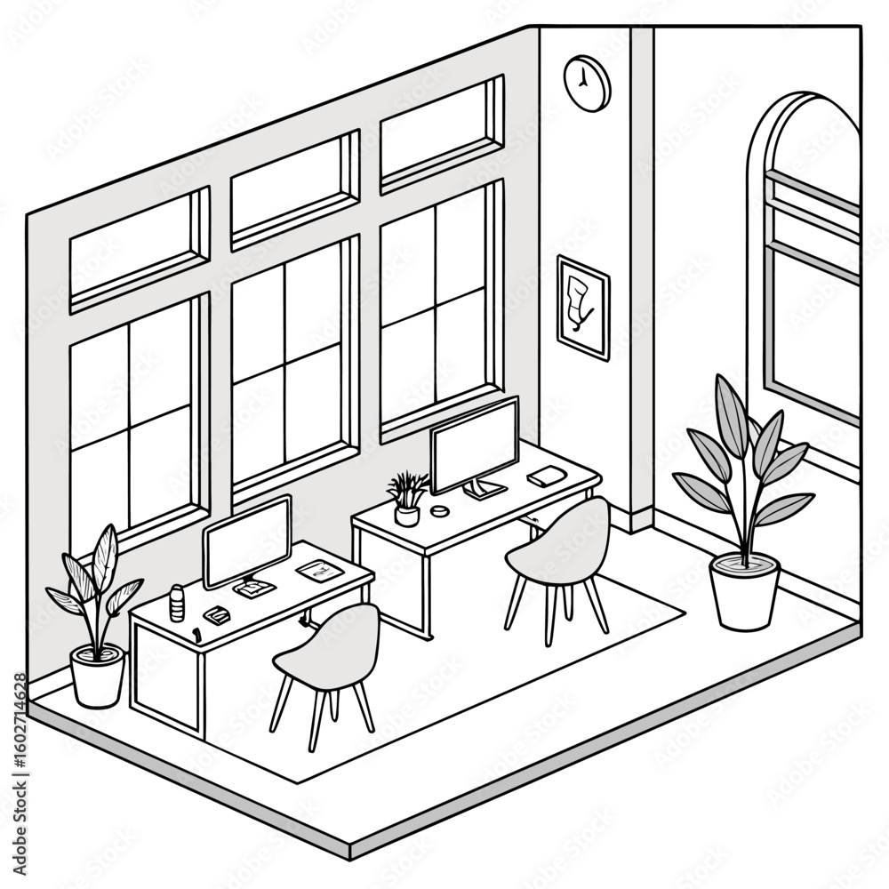 Poster isometric view of a modern office space with desks computers plants and large windows in black and w