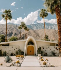 Mid-century modern home nestled amongst palm trees and mountains. Sunny day, light beige stucco exterior, arched entryway, warm golden door