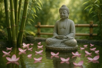 Zen meditation garden with Buddha statue surrounded by floating pink lotus petals