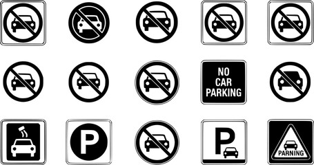 Set of car forbidden signs. No car parking, no parking road warning signs. No cars entry, the red circle sing. Vector illustration. EPS 10

