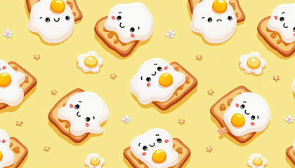 Fototapeta premium Playful Eggs and Toast Seamless Pattern Design, Fun Food Art, Creative Illustration, Cheerful Kitchen Environment