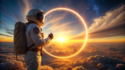 Astronaut Contemplating a Luminous Ring at Sunset
