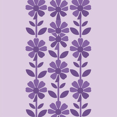 Monochromatic Purple Floral Vertical Pattern. Stylized Daisy-like Flowers, Seamless Repeating Graphic Design Element for Backgrounds.