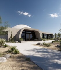 Modern, desert home with a domed entryway.  Large, light-tan structure in a desert landscape