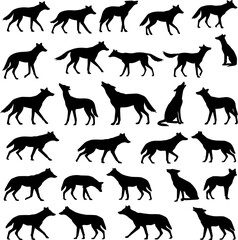 A collection of wolf silhouettes in various poses, including walking, standing, howling, and sitting, arranged in a grid pattern against a white background.