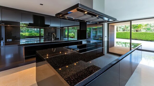 Modern black kitchen with sleek design and open space featuring a large island and garden view