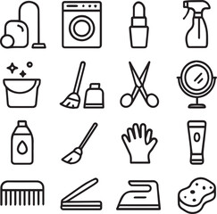 Cleaning Icons Vector Set Vacuum, Laundry, Iron, Cleaning Supplies, Mop, Gloves, Sponge - Perfect for Housekeeping and Home Maintenance Graphics line art vector