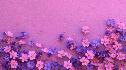 Obraz premium Arrangement of pink and purple flowers on a textured, pastel purple background.