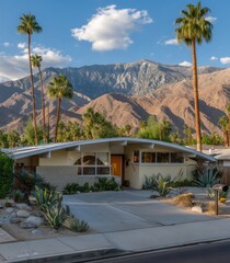 Mid-century modern home nestled amongst palm trees, facing a mountain range
