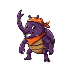Fototapeta premium A cartoon illustration of a smiling rhinoceros beetle wearing a bandana, waving.