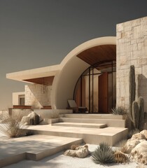Desert home's arched entrance, sun-drenched