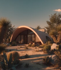 Desert home, curved walls, sunlit scene