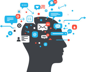 A metaphor for digital overload and information chaos. A person's head in profile, attacked by notification icons (emails, messages, calls), symbolizes stress and distracted attention.