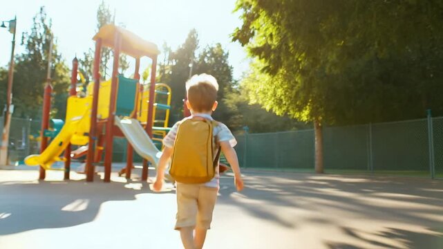 Happy child running with a backpack towards a vibrant playground after school, soaking up the sun on a warm summer afternoon, embracing the joy of freedom and playtime
