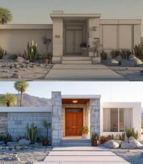 Two renderings of a mid-century modern home in a desert setting, one in grayscale and one in color