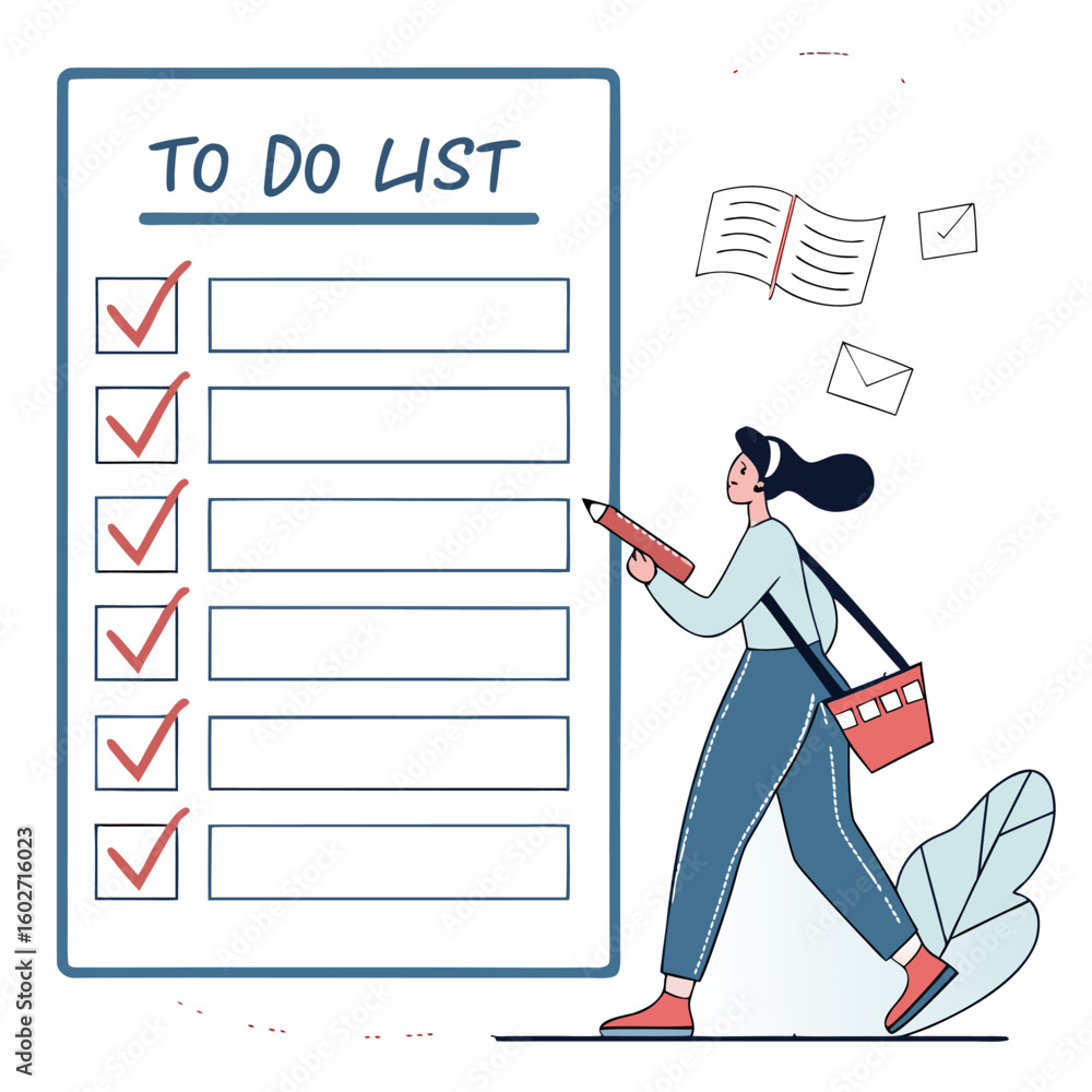 Poster a focused woman with a pencil in hand diligently marks off completed tasks on a large to do list wit