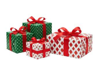 Five Christmas gift boxes, red ribbons & bows, green polka dot, geometric, red diamond patterns, on a seamless transparent background, festive holiday gift presentation concept