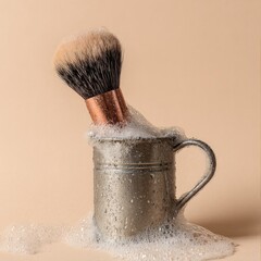 A shaving brush in a mug filled with soapy suds