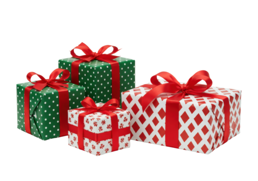 Five Christmas gift boxes, red ribbons & bows, green polka dot, geometric, red diamond patterns, on a seamless transparent background, festive holiday gift presentation concept