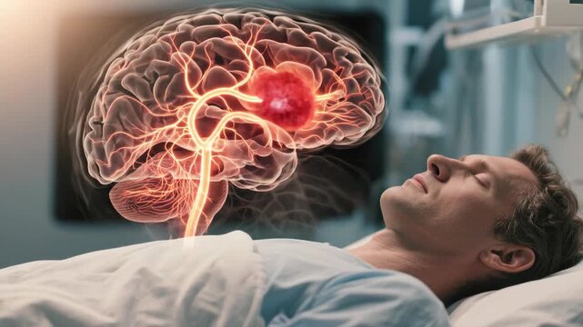 A man in a hospital bed is shown with a glowing transparent brain overlay highlighting a red problem area suggesting a serious neurological illness.