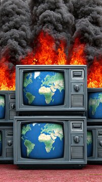 Media and planet metaphor climate change crisis with burning TV and climate change symbolizing global warming and climate change impact in surreal concept