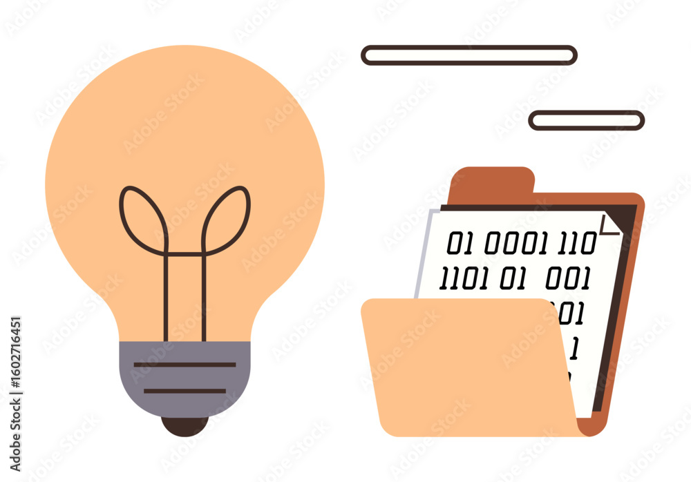 Poster light bulb next to an open folder with binary code data. ideal for creativity, technology, innovatio