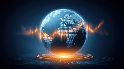 A digital globe with illuminated continents and a glowing orange soundwave pattern encircling it on a dark futuristic background.