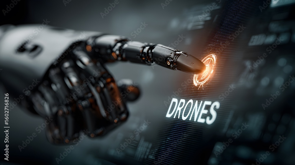 Poster a close-up view of a robotic finger interacting with a glowing drones symbol