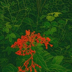  "The flames of the forest, green surrounding red, beautifully captivating the eyes"