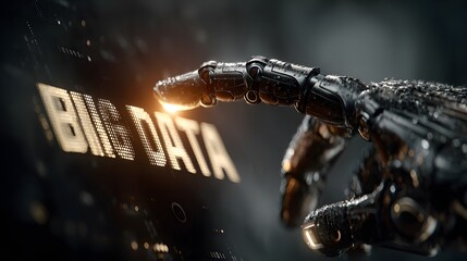 Close-up of a Robotic Finger Engaging with a Shimmering Big Data Symbol on a Modern Display