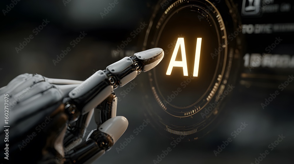 Poster a close-up of a robotic finger engaging with a luminescent ai symbol