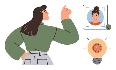 Woman pointing upward, showcasing a portrait profile with approval mark, and a glowing lightbulb with a coin. Ideal for innovation, online identity, security, creativity, entrepreneurship, finance