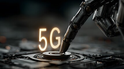 Close-Up of a Futuristic Robotic Finger Interacting with a 5G Digital Interface