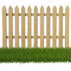 Fototapeta premium Wooden picket fence section with green grass isolated on transparent background
