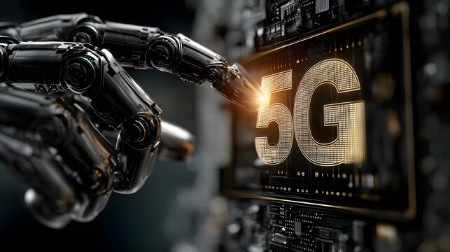Robotic Finger Gracefully Touching a Bright Glowing 5G Symbol on a Screen
