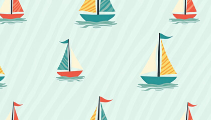 Sailing Adventure, Colorful Boats, Nautical Theme, Seamless Pattern Design, Calm Ocean, Aerial View, Vibrant Aesthetics