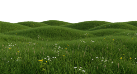 Expansive rolling green hills with lush grass and delicate white and yellow wildflowers, under a bright white sky with soft diffused light, concept of natural purity and isolation
